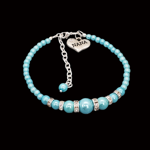 handmade nana pearl and crystal charm bracelet, aquamarine blue or custom color