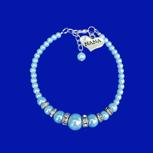 handmade nana pearl and crystal charm bracelet, light blue or custom color