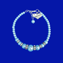 Load image into Gallery viewer, handmade mommy pearl and crystal charm bracelet, light blue of custom color