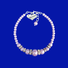 Load image into Gallery viewer, handmade mommy pearl and crystal charm bracelet, lavender purple of custom color