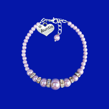 Load image into Gallery viewer, Auntie Gift Ideas - Auntie Bracelet - Auntie Jewelry, handmade auntie pearl and crystal charm bracelet, Lavender purple or custom color