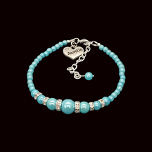 Load image into Gallery viewer, Auntie Gift Ideas - Auntie Bracelet - Auntie Jewelry, handmade auntie pearl and crystal charm bracelet, aquamarine blue or custom color