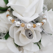 Load image into Gallery viewer, Handmade #1 mom pearl and crystal charm bracelet - amber or custom color - Special Mother Pearl Bracelet - Mother Bracelet
