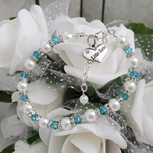 Load image into Gallery viewer, Handmade little sister pearl and crystal charm bracelet - lake blue or custom color - Sister Pearl Bracelet - Sister Bracelet - Sister Gift