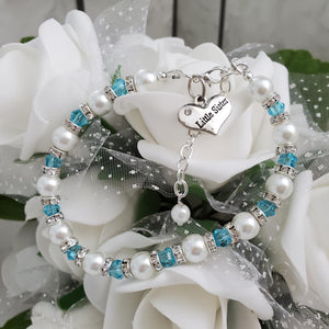 Handmade little sister pearl and crystal charm bracelet - lake blue or custom color - Sister Pearl Bracelet - Sister Bracelet - Sister Gift
