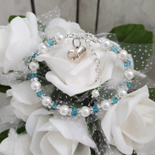 Load image into Gallery viewer, Handmade big sister pearl and crystal charm bracelet - lake blue or custom color - Sister Pearl Bracelet - Sister Bracelet - Sister Gift
