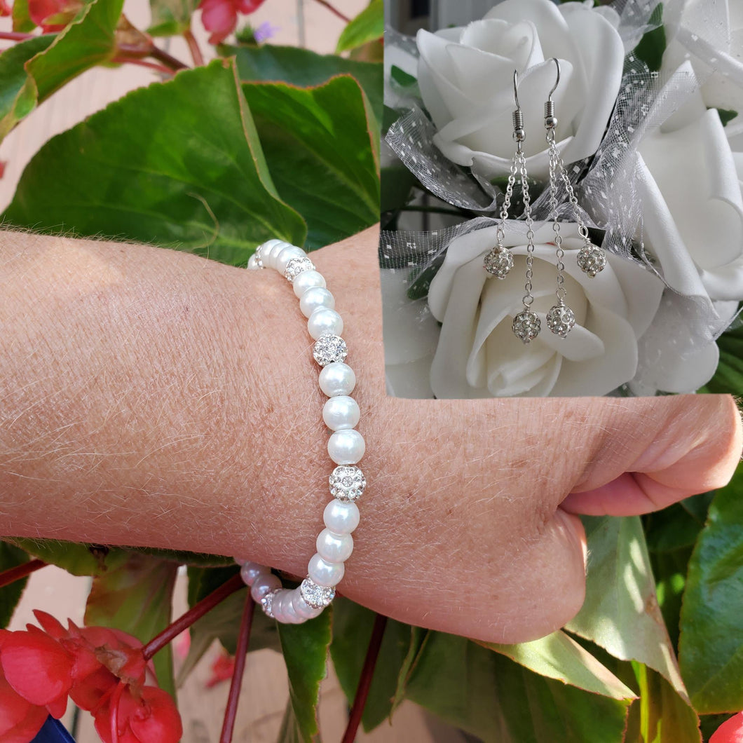 Handmade pearl and crystal bracelet accompanied by a pair of multi-strand pave crystal drop earrings, white and silver or custom color - Gifts For Bridesmaids - Bracelet Set - Bridal Sets