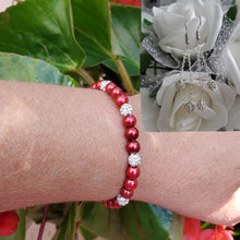 Load image into Gallery viewer, Handmade pearl and crystal bracelet accompanied by a pair of multi-strand pave crystal drop earrings, bordeaux red and silver or custom color - Gifts For Bridesmaids - Bracelet Set - Bridal Sets