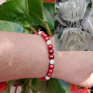 Handmade pearl and crystal bracelet accompanied by a pair of multi-strand pave crystal drop earrings, bordeaux red and silver or custom color - Gifts For Bridesmaids - Bracelet Set - Bridal Sets