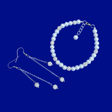 Load image into Gallery viewer, Gifts For Bridesmaids - Bracelet Set - Bridal Sets - pearl and crystal bracelet accompanied by a pair of multi-strand crystal drop earrings, white and silver or custom color