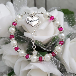 Handmade daughter pearl and crystal charm bracelet, white and rose pink or custom color - Daughter Gift - Graduation Gift For Daughter 