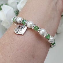 Load image into Gallery viewer, Handmade daughter pearl and crystal charm bracelet, white and grass green or custom color - Daughter Gift - Graduation Gift For Daughter