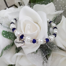 Load image into Gallery viewer, Handmade daughter pearl and crystal charm bracelet, white and deep blue or custom color - Daughter Gift - Graduation Gift For Daughter