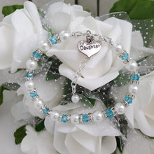 Load image into Gallery viewer, Handmade daughter pearl and crystal charm bracelet, white and lake blue or custom color - Daughter Gift - Graduation Gift For Daughter