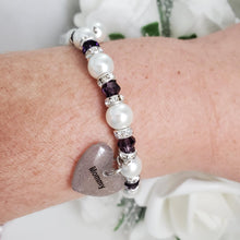 Load image into Gallery viewer, Handmade mum pearl and crystal charm bracelet, purple and white or custom color - Mum Pearl Crystal Charm Bracelet - Mom Gift