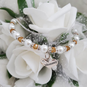 Handmade mum pearl and crystal charm bracelet, amber and white or custom color - Mum Pearl Crystal Charm Bracelet - Mom Gift