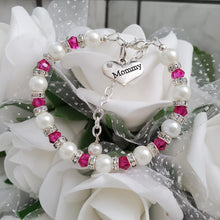 Load image into Gallery viewer, Handmade mum pearl and crystal charm bracelet, rose red (pink) and white or custom color - Mum Pearl Crystal Charm Bracelet - Mom Gift