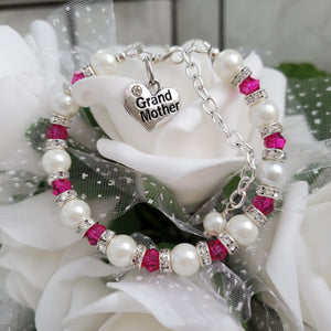Handmade grand mother pearl and crystal bracelet, white and rose pink or custom color - Grand Mother Gift - Great Grandmother Presents