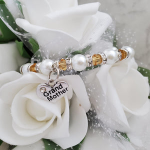 Handmade grand mother pearl and crystal bracelet, white and amber or custom color - Grand Mother Gift - Great Grandmother Presents