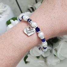 Load image into Gallery viewer, Handmade grand mother pearl and crystal bracelet, white and deep blue or custom color - Grand Mother Gift - Great Grandmother Presents