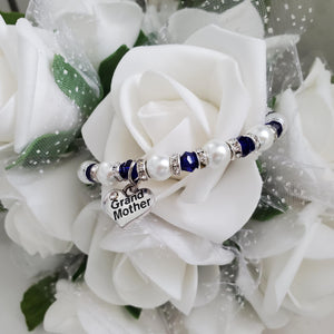 Handmade grand mother pearl and crystal bracelet, white and deep blue or custom color - Grand Mother Gift - Great Grandmother Presents