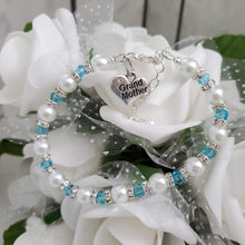 Load image into Gallery viewer, Handmade grand mother pearl and crystal bracelet, white and lake blue or custom color - Grand Mother Gift - Great Grandmother Presents