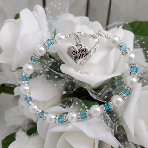 Handmade grand mother pearl and crystal bracelet, white and lake blue or custom color - Grand Mother Gift - Great Grandmother Presents