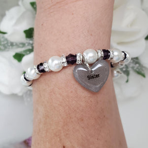 Handmade sister pearl and crystal charm bracelet - purple or custom color - Sister Pearl Bracelet - Sister Bracelet - Sister Gift