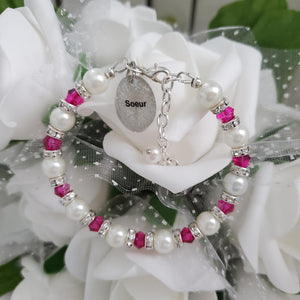 Handmade sister pearl and crystal charm bracelet - rose red or custom color - Sister Pearl Bracelet - Sister Bracelet - Sister Gift