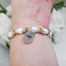 Load image into Gallery viewer, Handmade sister pearl and crystal charm bracelet - amber or custom color - Sister Pearl Bracelet - Sister Bracelet - Sister Gift
