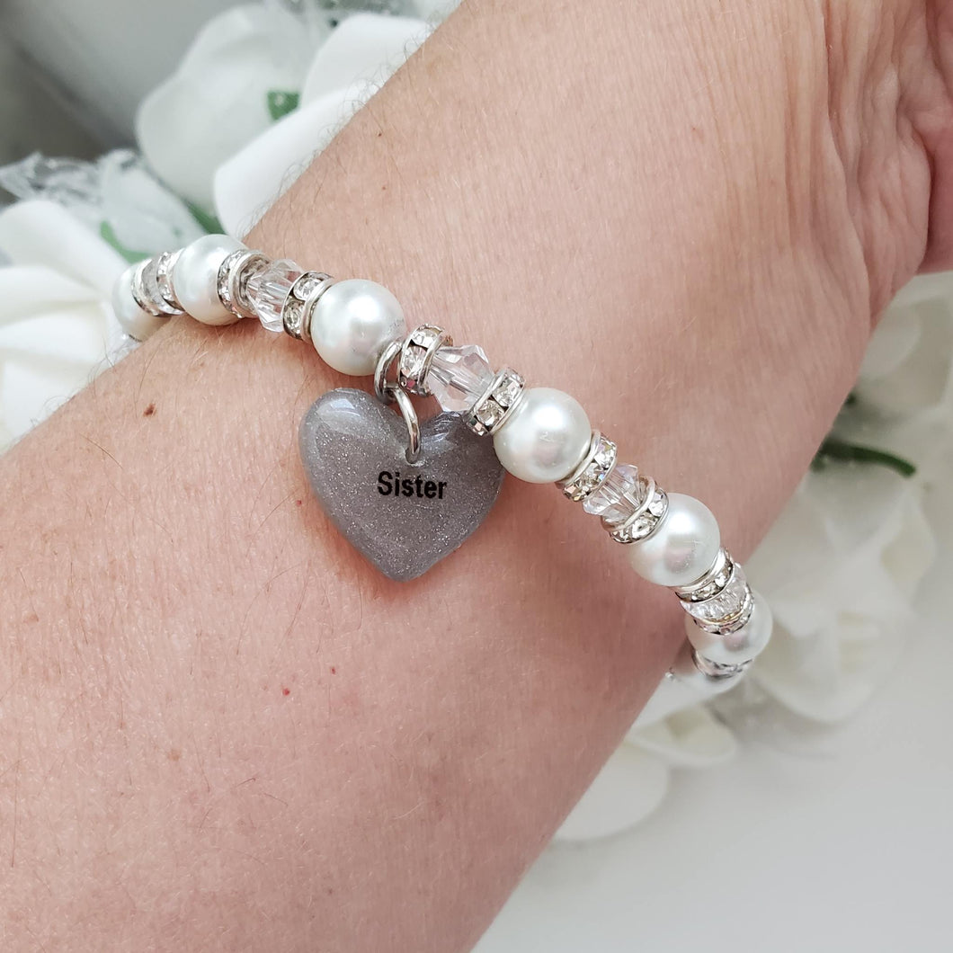 Handmade sister pearl and crystal charm bracelet - clear or custom color - Sister Pearl Bracelet - Sister Bracelet - Sister Gift