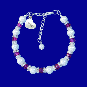 Handmade sister pearl and crystal charm bracelet - rose red or custom color - Sister Pearl Bracelet - Sister Bracelet - Sister Gift