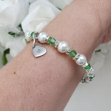 Load image into Gallery viewer, Handmade monogram pearl and crystal charm bracelet, white and grass green - Monogram Pearl Rhinestone Bracelet - Initial Bracelet
