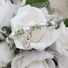 Load image into Gallery viewer, Handmade monogram pearl and crystal charm bracelet, grass green and white - Monogram Pearl Rhinestone Bracelet - Initial Bracelet