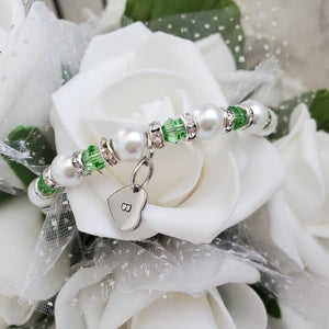Handmade monogram pearl and crystal charm bracelet, grass green and white - Monogram Pearl Rhinestone Bracelet - Initial Bracelet