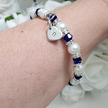 Load image into Gallery viewer, Handmade monogram pearl and crystal charm bracelet, white and deep blue - Monogram Pearl Rhinestone Bracelet - Initial Bracelet