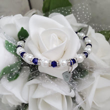 Load image into Gallery viewer, Handmade monogram pearl and crystal charm bracelet, white and deep blue - Monogram Pearl Rhinestone Bracelet - Initial Bracelet