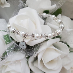 Handmade monogram pearl and crystal charm bracelet, white and clear - Monogram Pearl Rhinestone Bracelet - Initial Bracelet