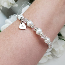 Load image into Gallery viewer, Handmade monogram pearl and crystal charm bracelet, white and clear - Monogram Pearl Rhinestone Bracelet - Initial Bracelet