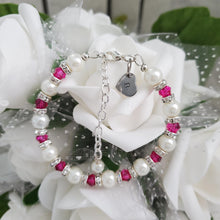 Load image into Gallery viewer, Handmade monogram pearl and crystal charm bracelet, white and rose red (pink) - Monogram Pearl Rhinestone Bracelet - Initial Bracelet