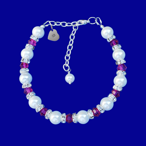 Handmade monogram pearl and crystal charm bracelet, white and rose red (pink) - Monogram Pearl Rhinestone Bracelet - Initial Bracelet