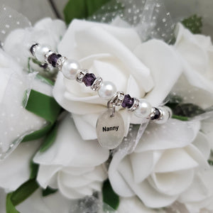 Handmade nana pearl and crystal charm bracelet - white and purple - Nana Pearl Bracelet - Nana Bracelet - Nana Gift