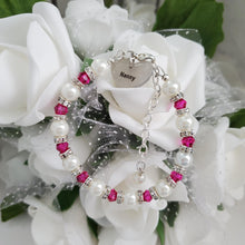 Load image into Gallery viewer, Handmade nana pearl and crystal charm bracelet - white and rose red (pink) - Nana Pearl Bracelet - Nana Bracelet - Nana Gift