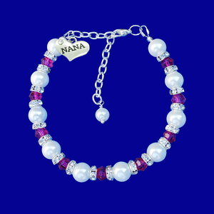 Handmade nana pearl and crystal charm bracelet - white and rose red (pink) - Nana Pearl Bracelet - Nana Bracelet - Nana Gift
