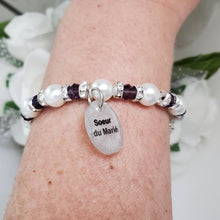 Load image into Gallery viewer, Handmade sister of the groom pearl and crystal charm bracelet - purple or custom color - Sister of the Groom Bracelet - Wedding Bracelets