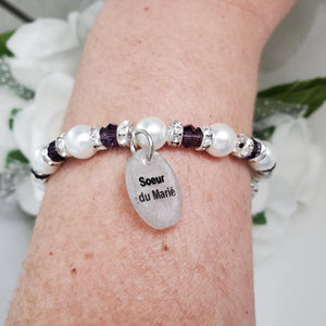 Handmade sister of the groom pearl and crystal charm bracelet - purple or custom color - Sister of the Groom Bracelet - Wedding Bracelets
