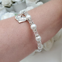 Load image into Gallery viewer, Handmade sister of the groom pearl and crystal charm bracelet - clear or custom color - Sister of the Groom Bracelet - Wedding Bracelets