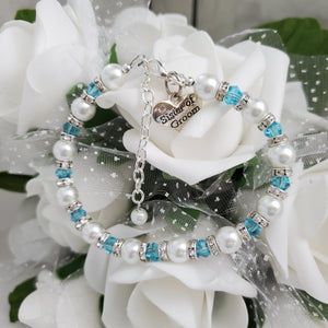 Handmade sister of the groom pearl and crystal charm bracelet - lake blue or custom color - Sister of the Groom Bracelet - Wedding Bracelets