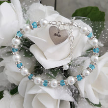 Load image into Gallery viewer, Handmade pearl and crystal Bride charm bracelet, white and lake blue or custom color - Bride Bracelet - Bride Present - Bride Jewelry