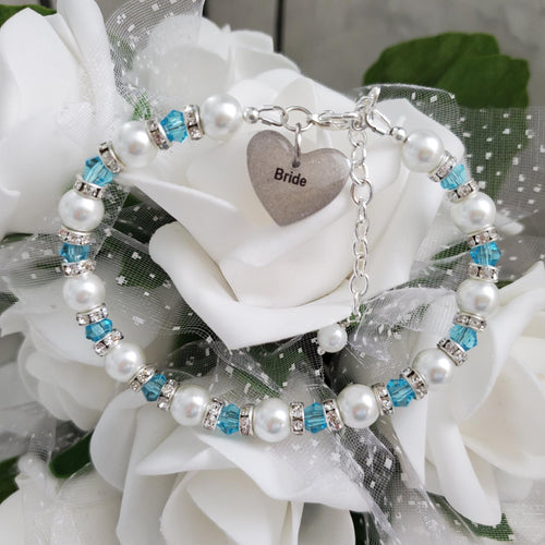Handmade pearl and crystal Bride charm bracelet, white and lake blue or custom color - Bride Bracelet - Bride Present - Bride Jewelry